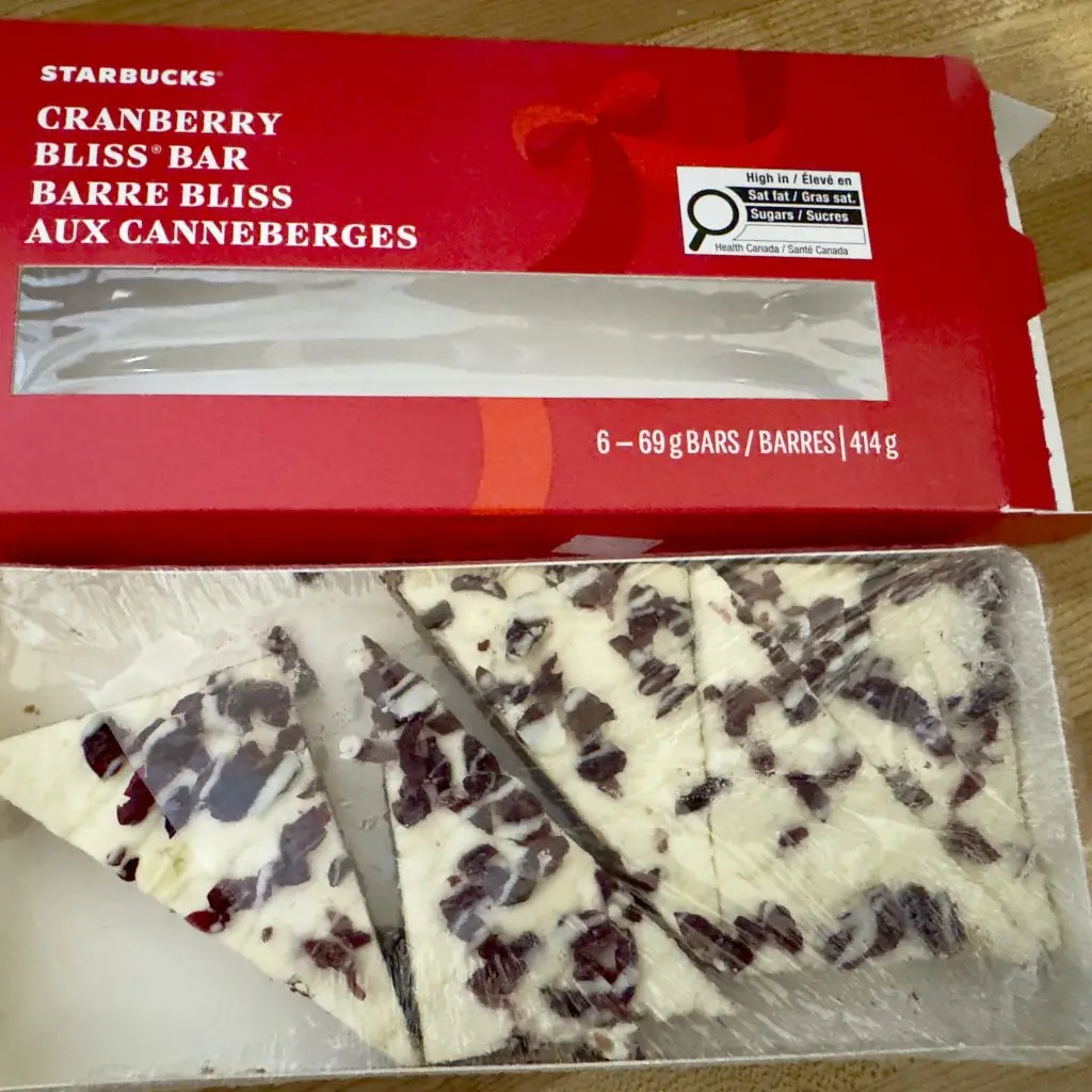 Example of New Nutrition Government of Canada Front of Product Nutrition Label. Starbucks Cranberry Bliss Bars